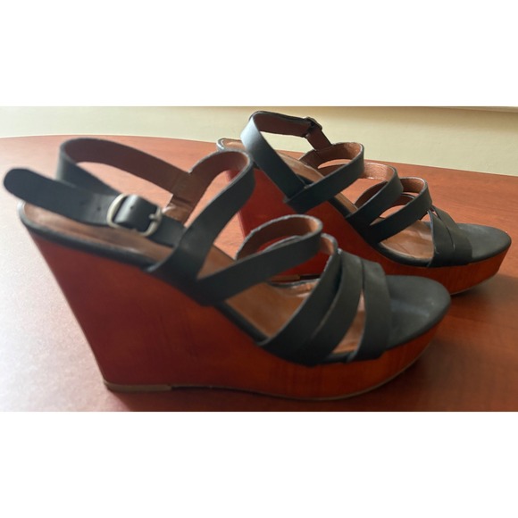 Lucky Brand Shoes - Lucky Brand Larinaa Black Leather Strappy Wood Platform Wedge Sandals 8.5M